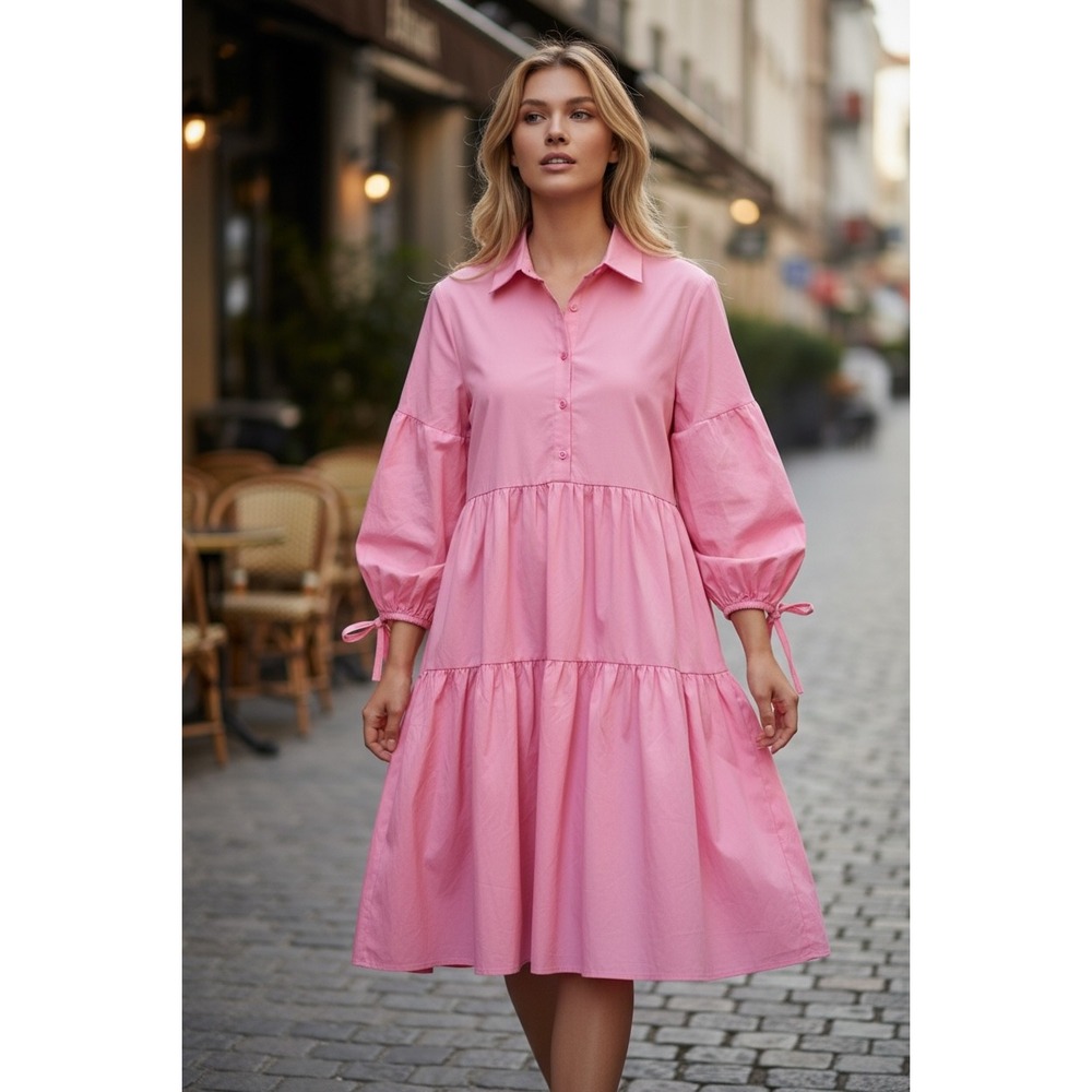 Womens Pink Tiered Shirt Dress Oversized Puff Sleeve Tie Cuff Midi Maxi